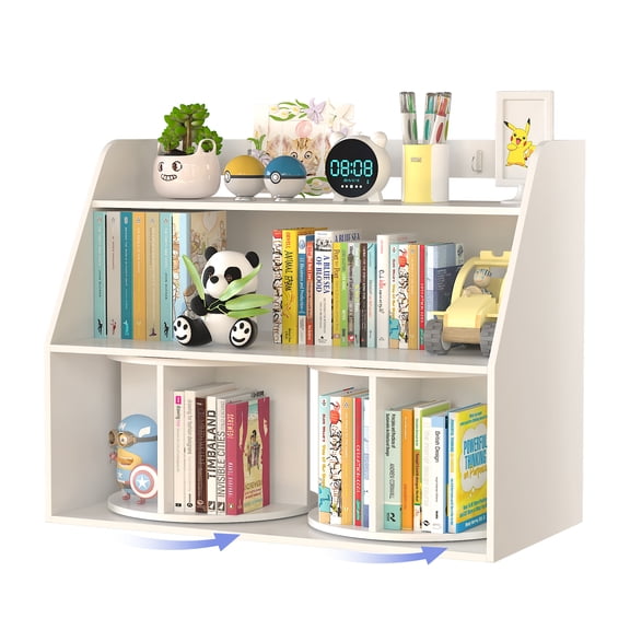 Rotating Bookshelf for Kids,Childrens Bookcase with 2 Rotating Shelves,Toddler Toys Organizer Multi Functional Wooden Storage Bookshelf for Nursery,White