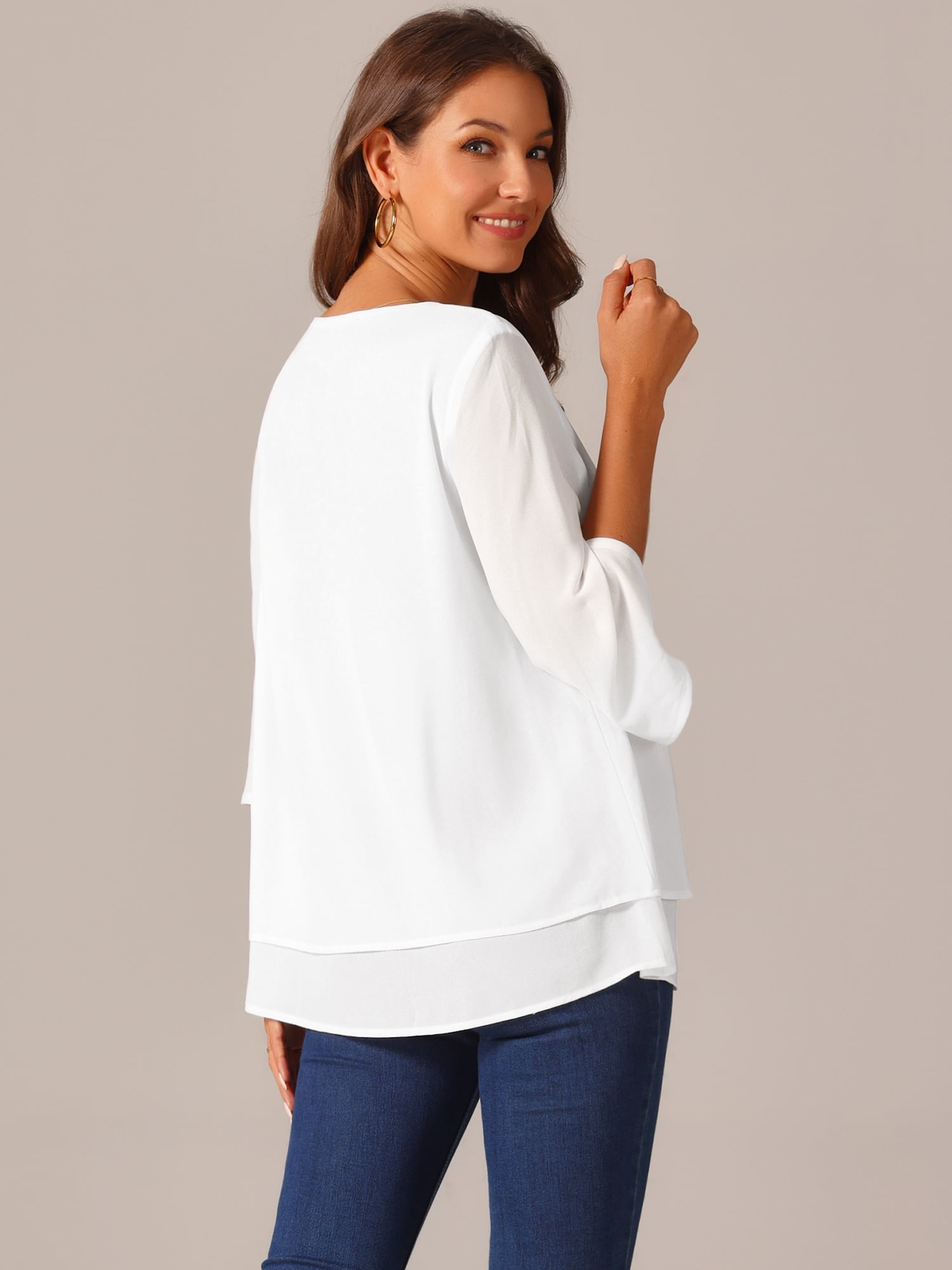 DARING DIVA Women's 3/4 Sleeve Chiffon Casual Crew Neck Blouses M White