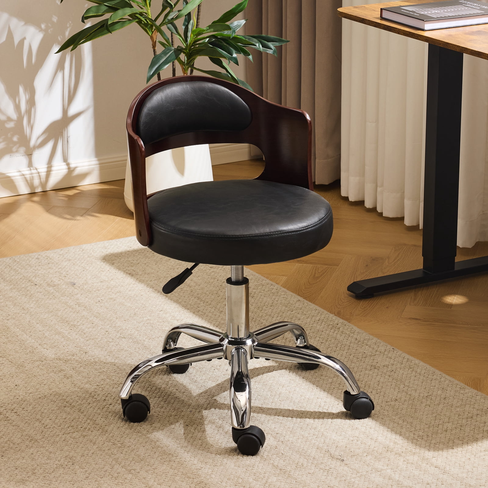 Ktaxon Office Computer Desk Chair with Rolling Wheels, Vanity Stool with Faux Leather Seat, Adjustable Task Chair for Study Make-up Dressing Black