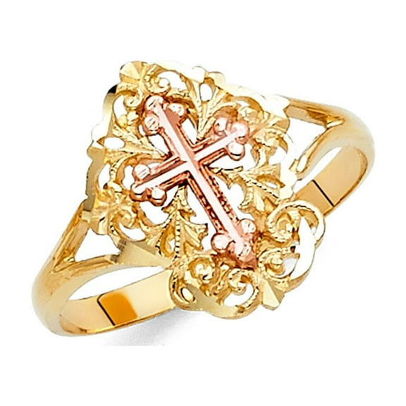 Solid 14k Yellow Rose Gold Budded Cross Ring Religious Band Diamond Cut Fancy Two Tone 15MM, Size 7