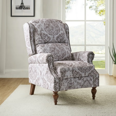 Push Back Recliner Chair Upholstered Floral Fabric Wingback Single Sofa Accent Chair with Wood Legs Rivet Decoration for Living Room Bedroom Beige Pattern