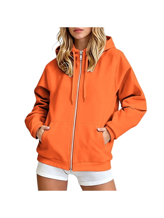 Zip up Hoodie Women Sweatshirts Comfy Fleece Lined, Long Sleeve Pockets, Drawstring Hooded, Loose Fit, Trendy Y2K Orange 3Xl