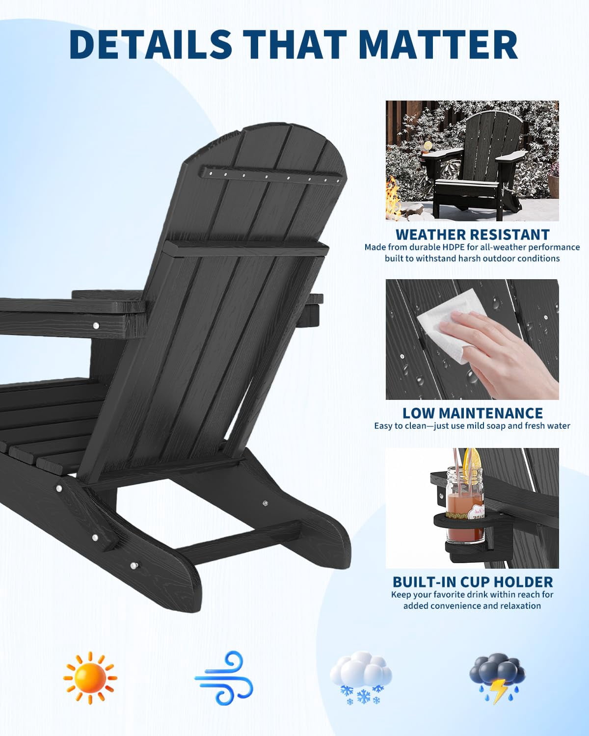 Folding Adirondack Patio Chair, All-Weather HDPE Outdoor Chair with Wooden Texture and Cup Holder, Weather Resistant, Lawn Chair for Garden, Deck, Fire Pit, Navy Blue