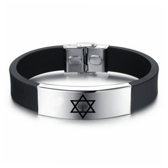 Israel Jewelry Religious Jewish Gift for Men Women Menorah Star of David Protection Symbol Engraved Silicone Bracelet Bangle Judaica Israelites Gifts, 8.66 inches