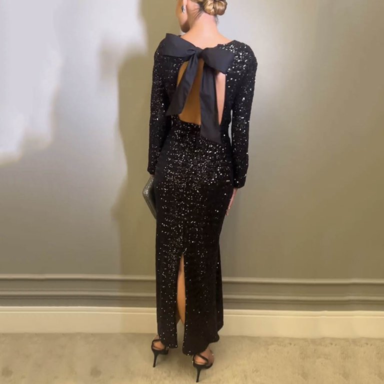 Women Elegant Long Sleeve Sequined Party Round Neck Backless Dress Evening  Dress Maxi Dress with Sleeves Formal T Shirt Dresses Knee Length Skater  Dress for Women Summer Shirt Dress Fitted Maxi Dress -