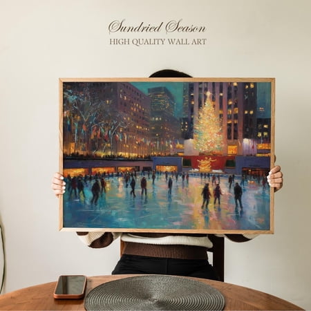 New York City Kristmas Wall Art Print Rockefeller Center Ice Skating Scene Festive Lights Decor For Home Or Entryway Warm Present Vintage Poster