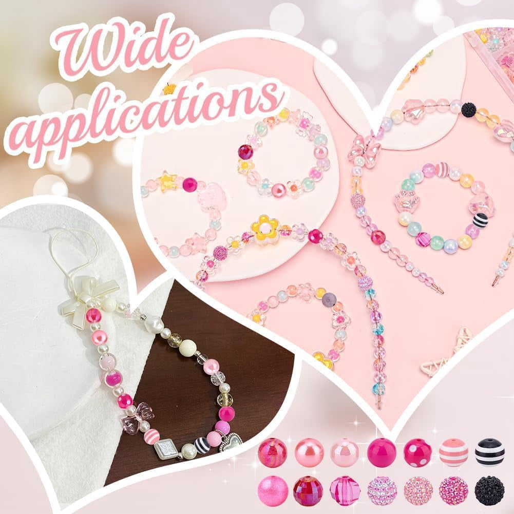1 Set About 91 Pcs 14 Styles Pink Series Bubblegum Beads Kits 20mm Acrylic Round Chunk Beads Plastic Rhinestone Large Beads Imitation Pearl Beads for Pen Valentine Jewelry Making