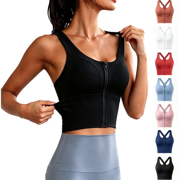 Women Front Zip High Impact Sports Bra, Cross Back Shock Stretch Quick Dry Running Yoga Athletic Bra