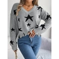 thumbnail image 4 of V Neck Star Pattern Distressed Detail Cropped Sweater for Women Gray Small, 4 of 5