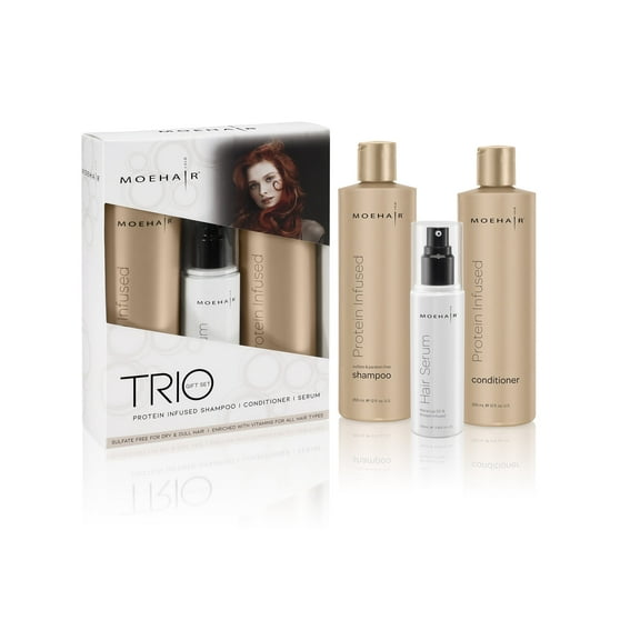 Moehair Hair Care Set | Protein Infused Shampoo (12 Fl oz), Protein Infused Conditioner (12 Fl oz), Hair Serum (3.38 Fl oz) | Sulfate and Paraben Free Hair Care For Damaged, Dull and Weak Hair