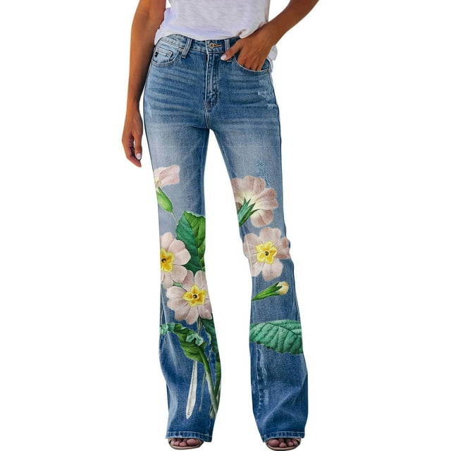Gibobby Jeans dama Pantalones vaqueros con dobladillo suelto con patrón estampado informal para mujer Pantalones acampanados elásticos(Verde,M)
