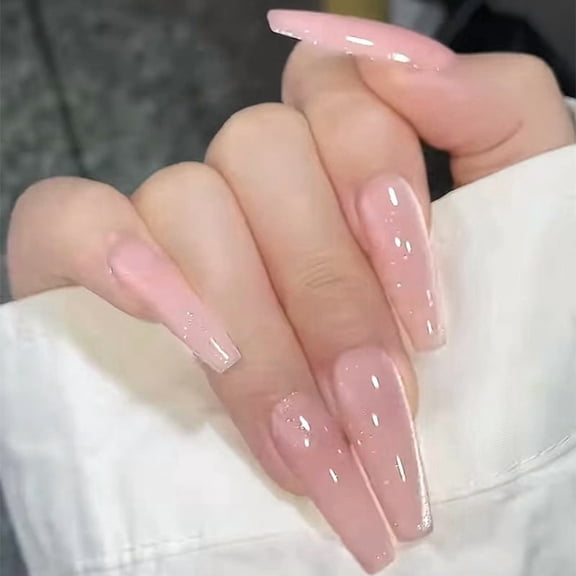 Sheer Nude Pink Press on Nails Long Coffin Fake Nails Glossy Finish Full Cover Adhesive Press Ons Acrylic False Nails Nail Tips Artificial Nails for Daily Wear Home Manicure DIY Manicure 24 Pcs