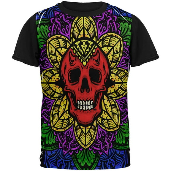 Halloween Demon Skull Mandala All Over Mens Black Back T Shirt Multi MD