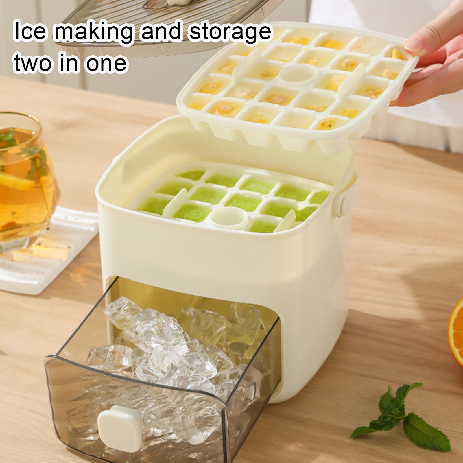 OIUR Ice Cube Tray for Freezer Sphere Ice Mold Maker with Lid And Bin One Button Release Circle Ice Cube Mold Ice Bucket for Whiskey Cocktails