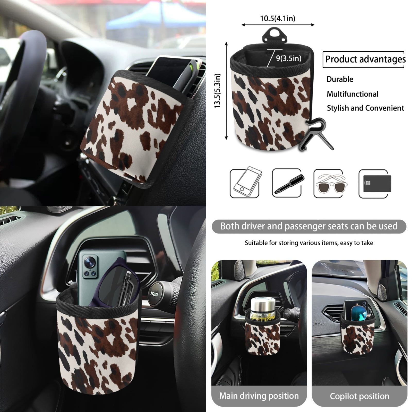 Xoenoiee Black Brown Cow Print 15 Pieces Car Seat Cover Set with Auto Steering Wheel Cover Seat Belt Strap Protector Cup Holder Trash Bag Air Vent Storage Pocket Rear View Mirror Protector Keychain