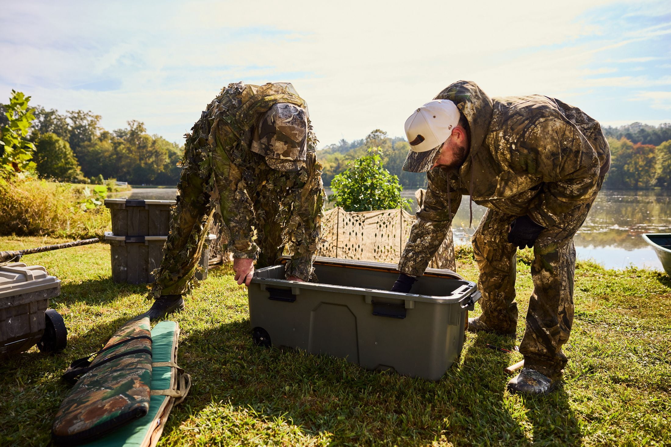 Realtree® WEATHERMAX™ 31 Gallon Green and Tan Wheeled Storage Tote with Latching Lid, Heavy Duty Plastic Storage Bin