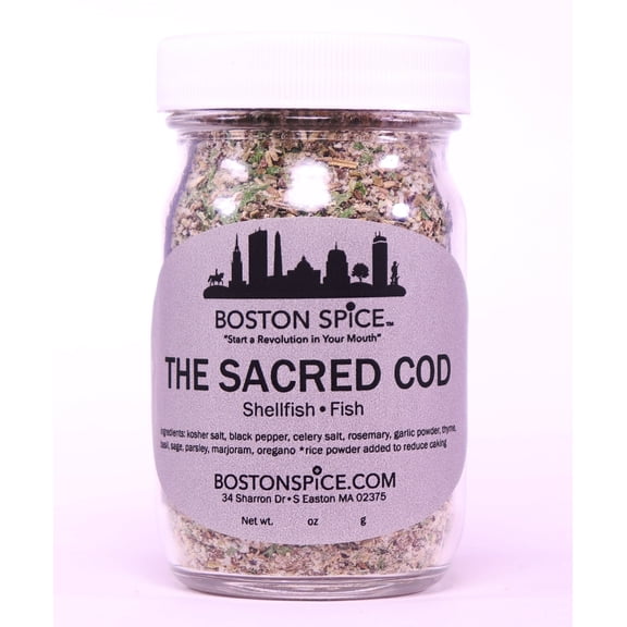 Boston Spice The Sacred Cod Handmade Gourmet Seafood Shrimp Scallops Fish Lobster Salmon Cod Haddock Bass Seasoning Blend Smoker Grilling Oven Barbecue Baked Roast BBQ Grill 1/2 Cup Jar wt. 1.8oz/51g