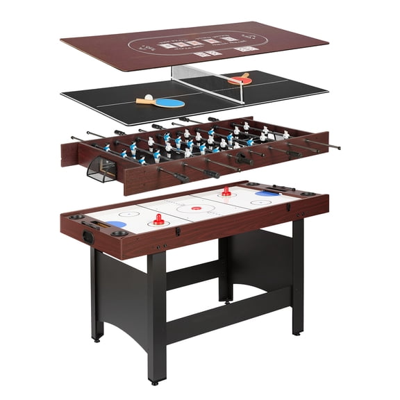VEVOR 4-in-1 Combo Game Table Air Hockey Poker Foosball Ping Pong 55", Space-Saving Family Game Room Entertainment, Multi Combination Air Hockey Table, Complete Accessory Set Included
