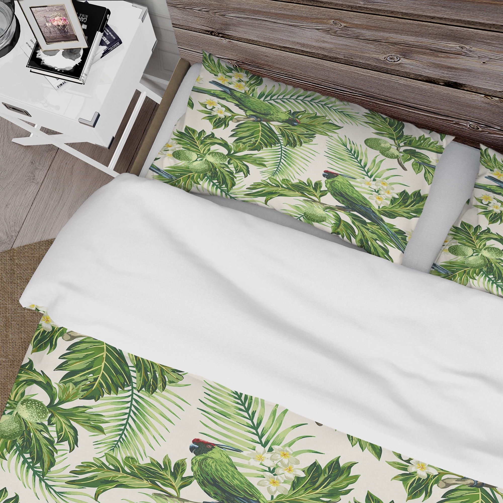 Designart 'Tropical Leaves, Green Bird and White Flowers' Animals Duvet Cover Set