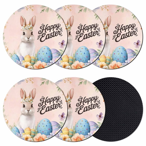 Happy Easter Coasters Set of 6, Absorbent Coasters for Drinks, Spring Watercolor Bunny Eggs Flowers Pink Coaster for Desk Coffee Table Protection, Home Decor House Warming Gifts 4"