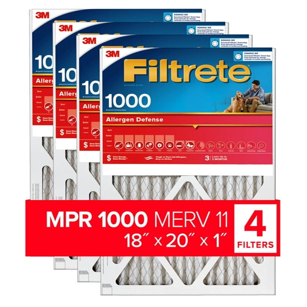 Filtrete Filtro de aire para horno de CA de 18 x 20 x 1 MERV 11 MPR 1000 Micro Allergen Defense Filtro de limpieza de aire electrostático plisado de 3 meses de 1 pulgada, paquete de 4 (tamaño real 17,
