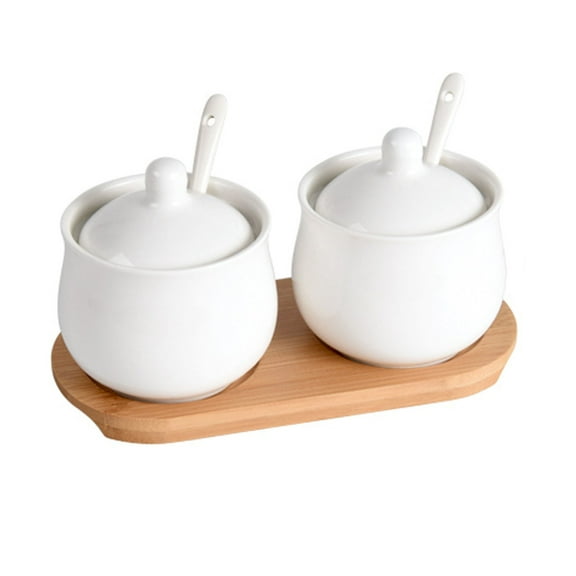 Ceramic Sugar Bowl With Lid, Porcelain Sugar Pot With Spoon, Small Salt Pot, Storage Jar , For Coffee Bar, Restaurant-White-2 Set