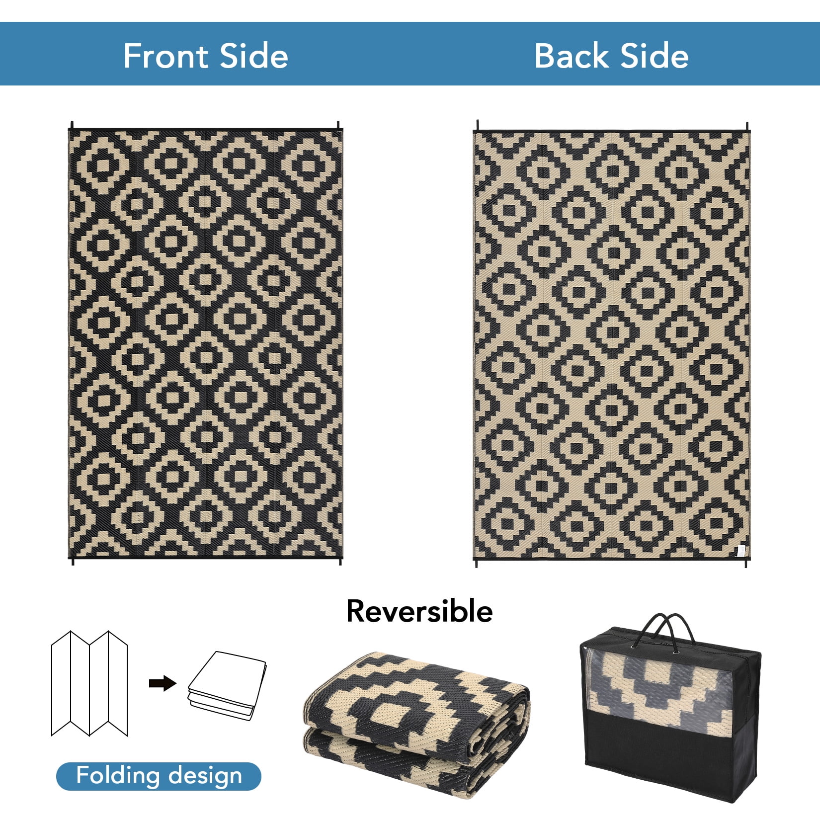 Twister.CK 8x10' Waterproof Outdoor Rug, Reversible Plastic Patio Rugs with Storage Bag, Portable Modern Indoor Outdoor Carpet for Camping, Balcony Deck Backyard, Black & Coffee