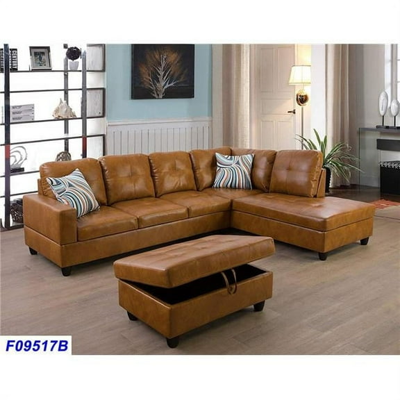 PonLiving Furniture LSF09517B 3 Piece Right Facing Sectional Sofa Set with Ottoman, Faux Leather - Ginger
