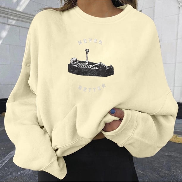 Puntoco Mujeres Moda Casual Estampado Cuello Redondo Suelto Manga Larga Tops Cortos Blusa Sin Capucha Sudaderas Puntoco Puntoco-306