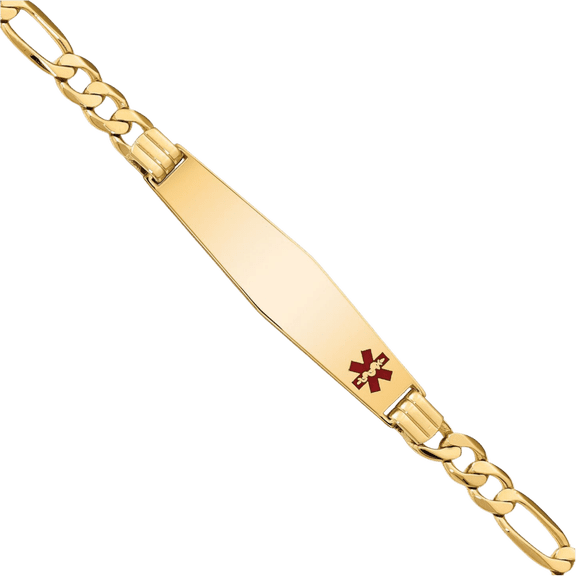 14K Solid Yellow Gold Medical Alert Figaro Link Name Bar Identification ID Bracelet