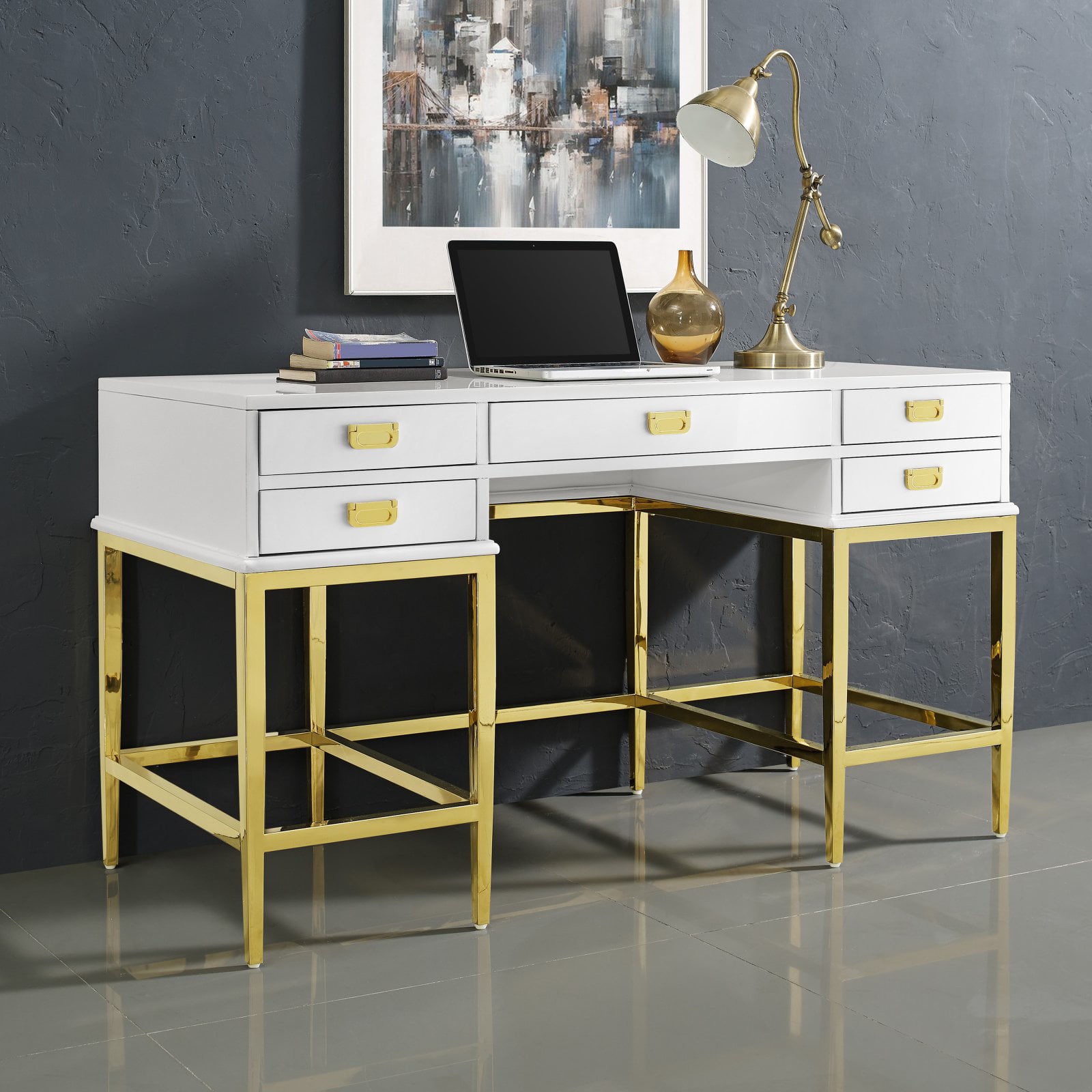 Contemporary White Painted Desk with a Brushed Gold Steel Base ...