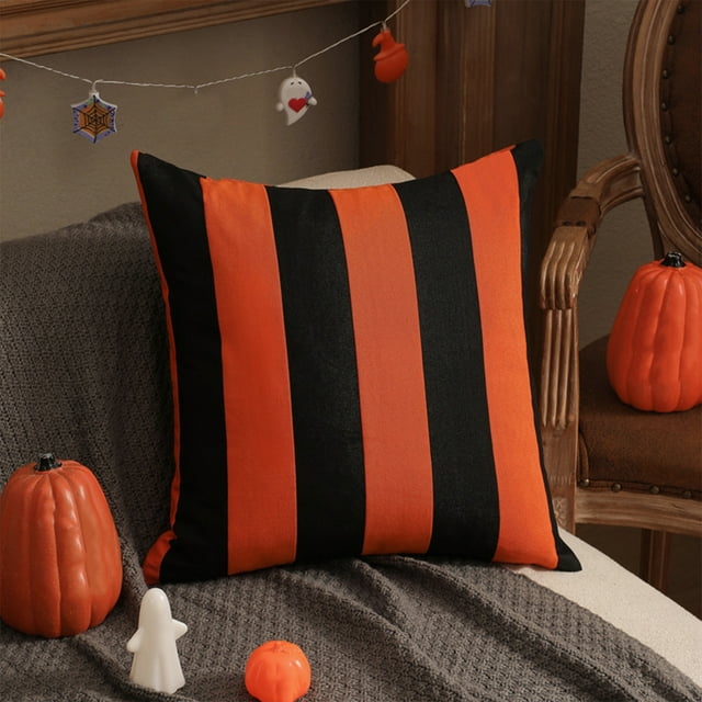 Aursykel Halloween Holiday Throw Pillow Cover Striped Solid Plaid Pattern Polyester Relaxedable Soft Breathable Machine Washable Long Lasting Cushion Case 17.71inch 1pc