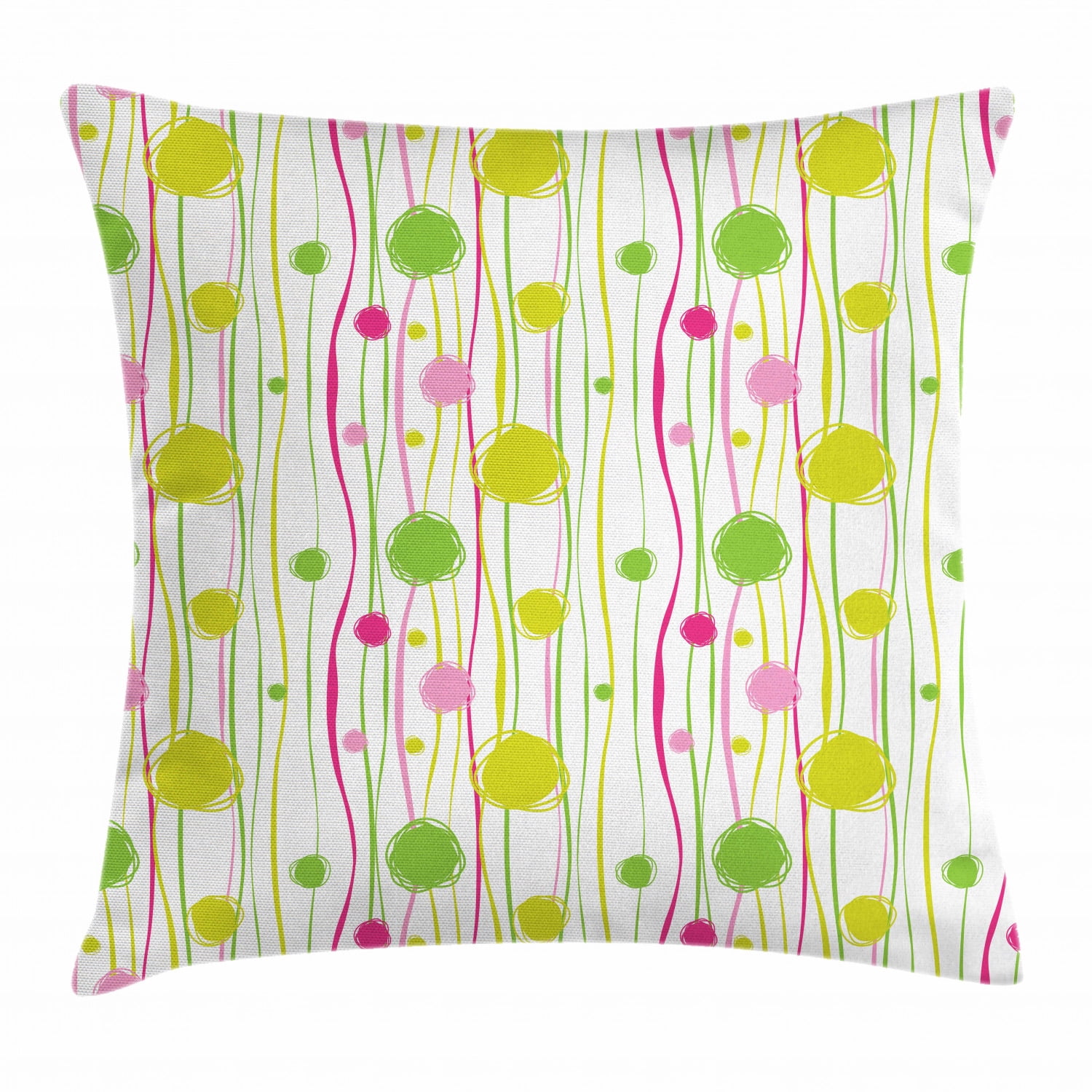 Green and Pink Throw Pillow Cushion Cover, Doodle Style Random Wavy
