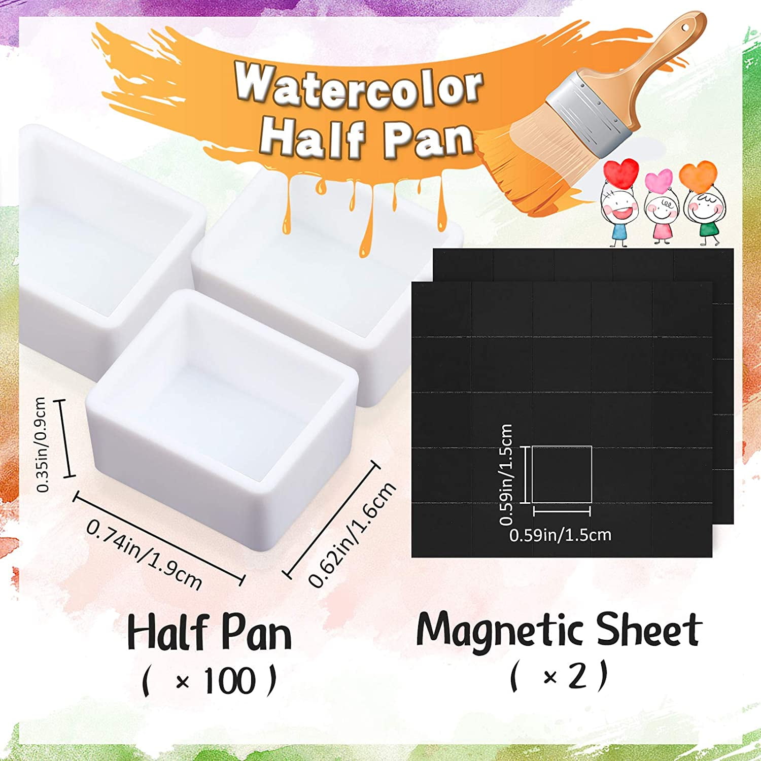 100 Pieces Empty Watercolor Half Pan with 2 Sheets Magnets White Plastic Half Pan Plastic Watercolor Tins Fit for Watercolor Oils or Acrylics Palette Travel Tins Paint Case 