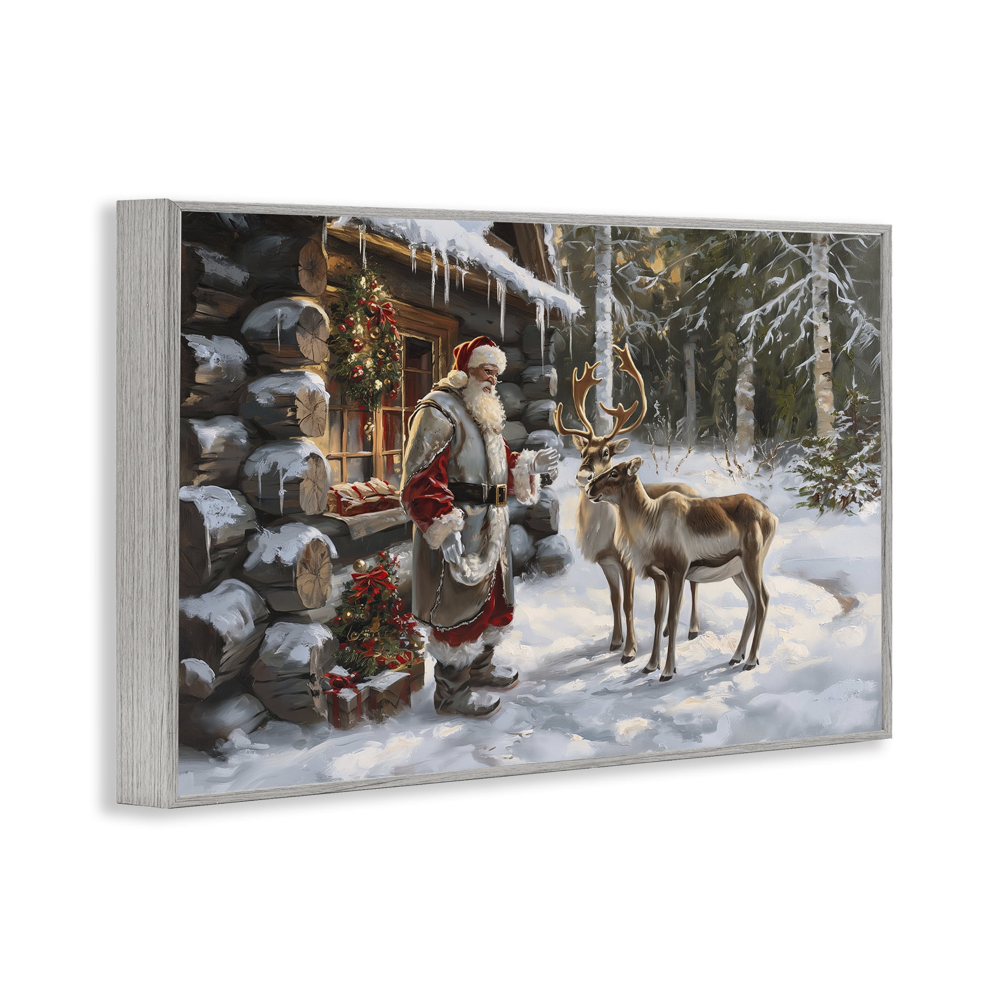 Stupell Industries Santa's Cabin with Reindeer Holiday Painting Gray Framed Art Prints Wall Art, 30 x 20