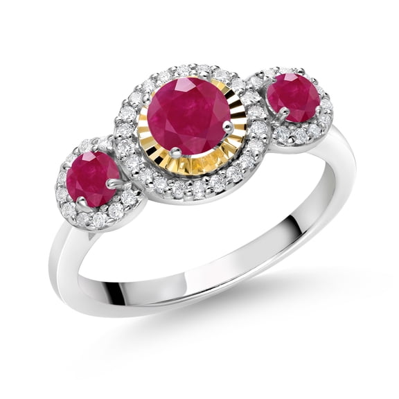 Gem Stone King 0.87 Ct Round Red Ruby 925 Silver and 10K Yellow Gold 3 Stone Women's Lab Grown Diamond Ring (Size 7)