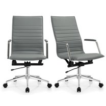 2xhome Set of 2 Gray Mid Century Modern High Back Ribbed PU Leather Tilt Adjustable Ergonomic Office Chair With Padded Arms Arm Rest Wheels Desk Task Back Support Lumbar Swivel Conference Design