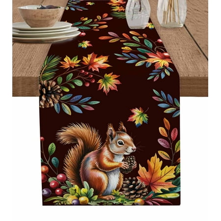 

Colorful Squirrel Table Runner Brown Botanical Berry Pine Cones Tablerunners 18 x 72 Inch Table Decorations Tabletop Scarf for Summer Gathering Holiday Farmhouse Kitchen Dining Decor