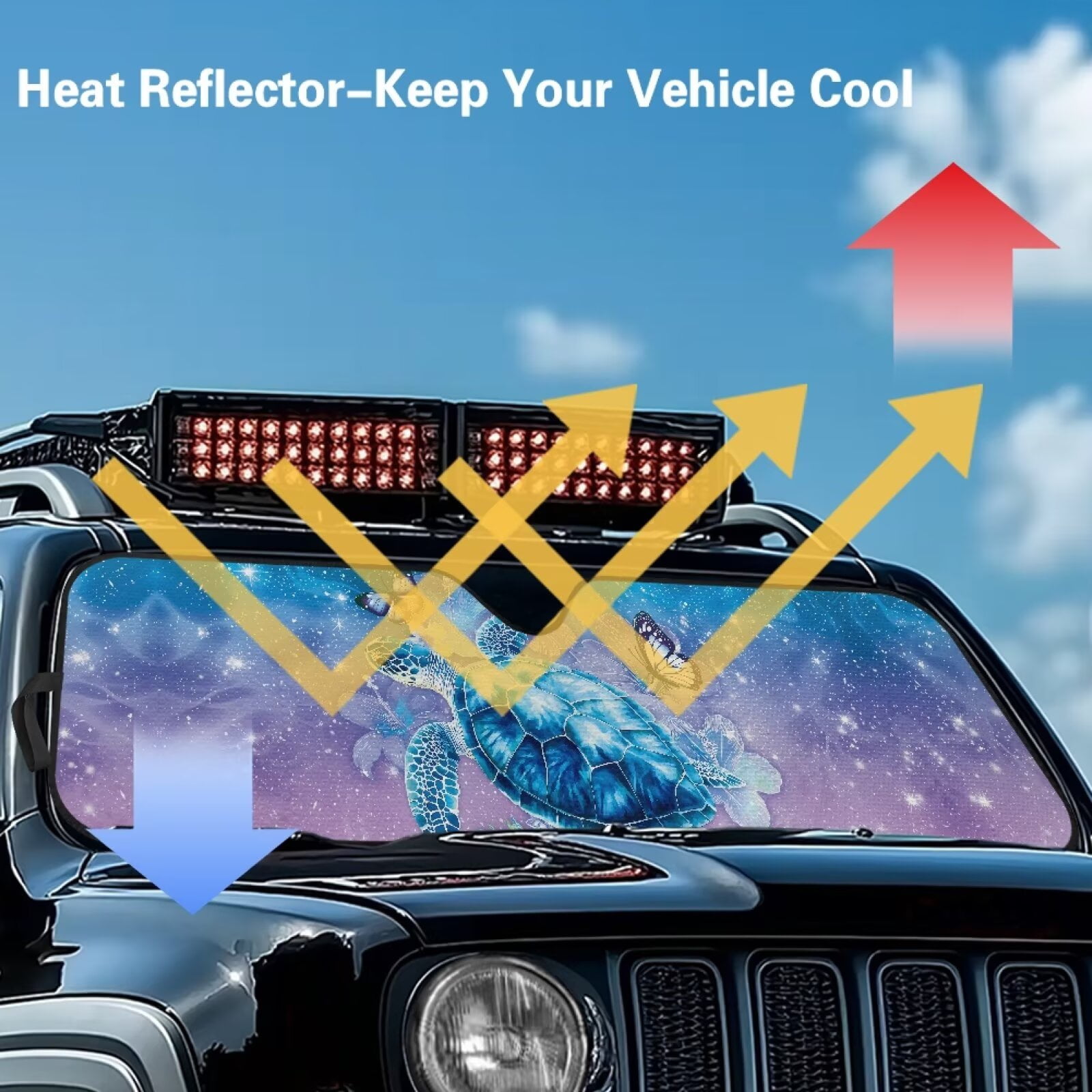 Uorisanigo Front Windshield Sunshade Fit for Jeep Wrangler JK JKU JL JLU 1997-2025 & Jeep Gladiator JT 2020-2024, Foldable Blue Turtle Butterfly Car Sun Shade Blocks UV Rays Keep Vehicle Cooler