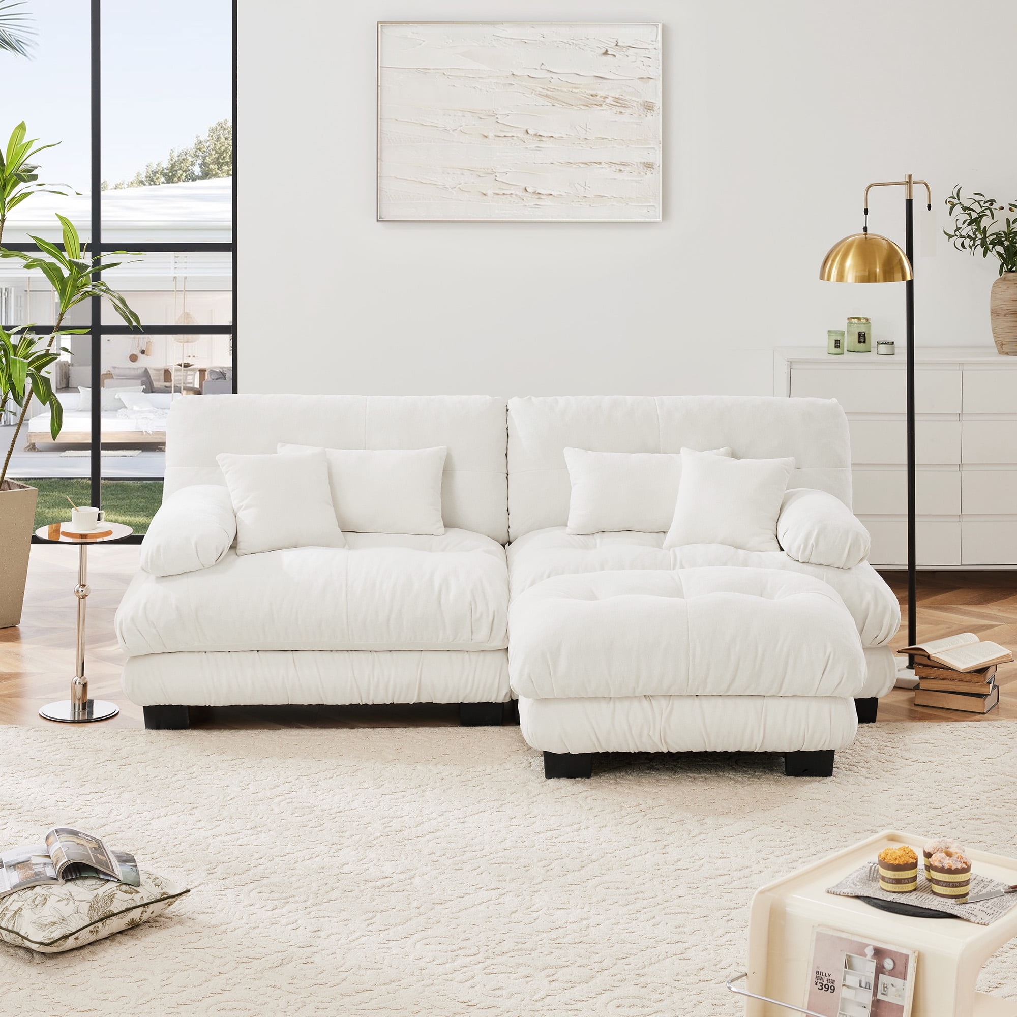 MAYEERTY 99.4in Cloud Sectional Sofa Couch for Living Room, Chenille 2 Seater Sofa with 2 Lumbar Pillows, 2 Throw Pillows and Convertible Ottoman, White