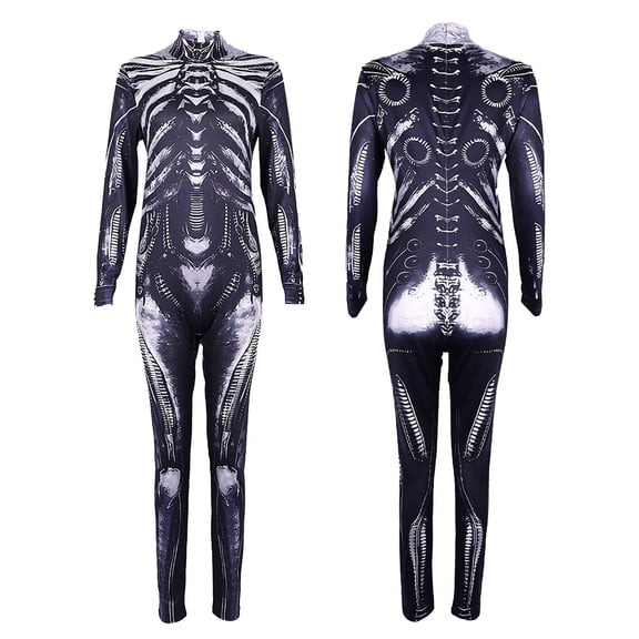 Skeleton Cosplay, Skeleton Costume, Skeleton Outfit, Mechanical Skeleton Bodysuit Costume Silver Metal Bone Print Full Body Zentai Suit Halloween Sci Fi Outfit for Movie Night, Black 110