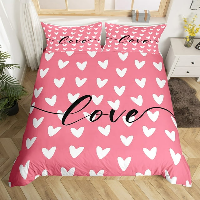 YST Kawaii Heart Pattern Duvet Cover Set, Queen, Valentine’s Day, Pink and White