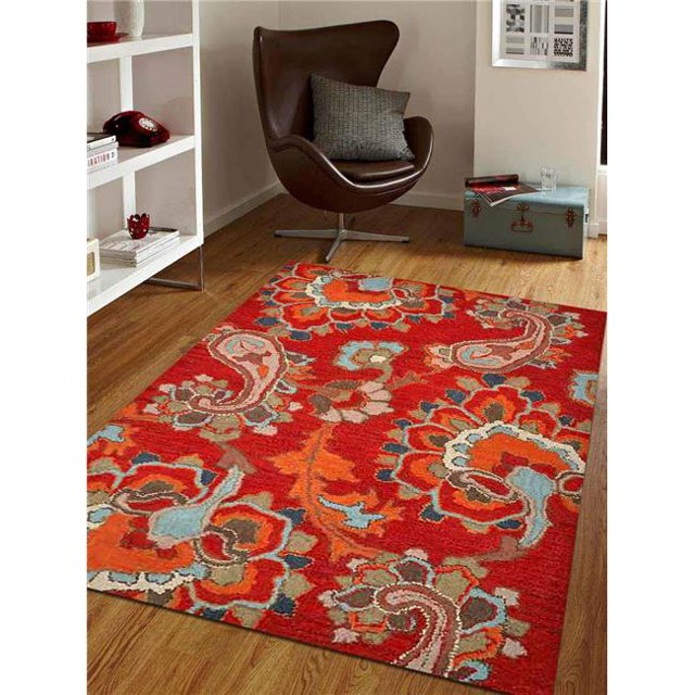 10 x 13 Pi Laine Touffetée à la Main Rectangle Floral Zone Tapis&44; Rouge Foncé