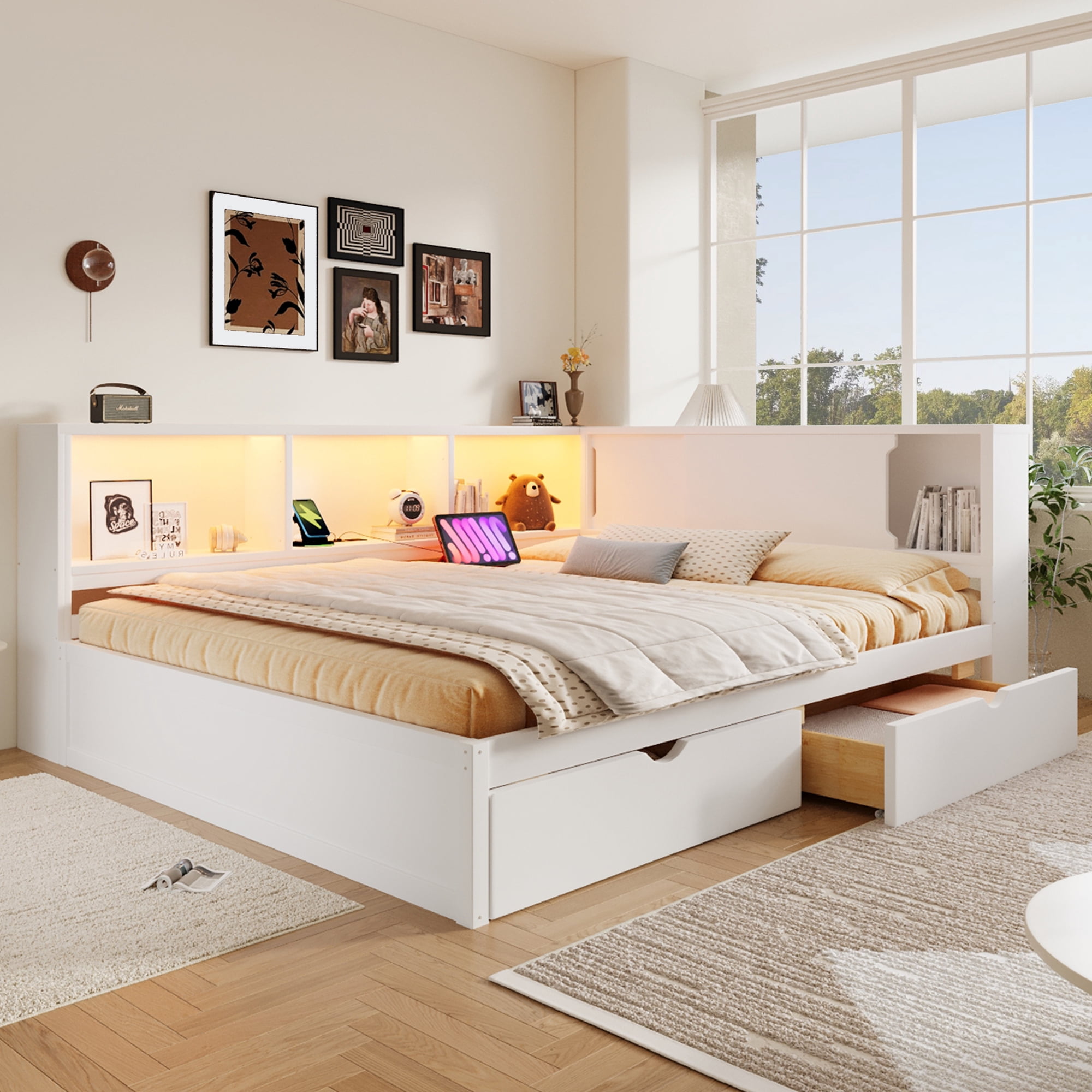 Euroco Wood Queen Size Daybed with Storage Shelves and Drawers, USB Ports and LED Light, White