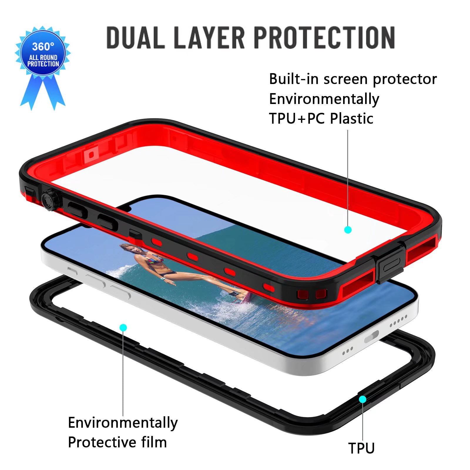 IP68 Waterproof Case for iPhone 12 Shockproof Dust Proof Full Body Hard Case Built-in Screen Protector Underwater Outdoor Clear Phone Cover (6.1" Red)