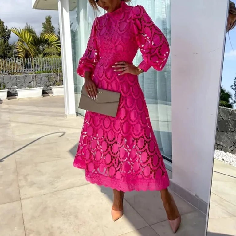 Spring New French Lace Dress For Women Elegant Stand Collar Commute Solid  Color Long Sleeves Dresses Summer British Style Skirts
