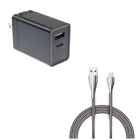 6ft Metal USB Cable w 30W Quick Home Charger X1D for Motorola One Moto Z4 Z3 Play Z2 Play Z Play Droid Force Droid X4 G7 Power Play G6 - Nokia 3.1 7.1 8 Plus - OnePlus 5T 6 6T 7 Pro