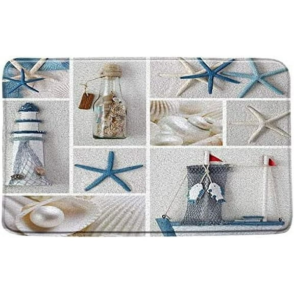 Nautical Bath Mat Starfish Beach Seashell Lighthouse Ocean Theme Sea World Blue White Microfiber Memory Foam Bathroom Decor Mat 24x16