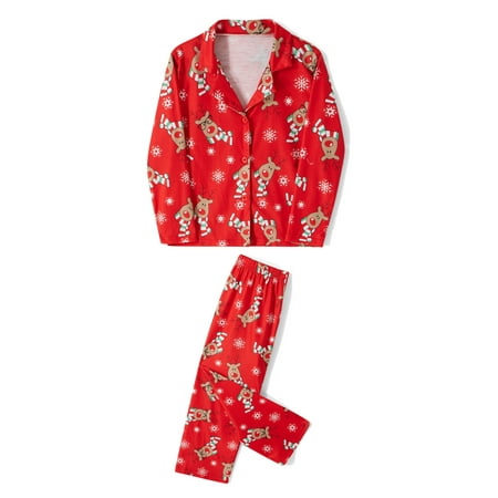 

Family Matching Christmas Pajamas Sets Deer Snowflake Print Lapel Long Sleeve Tops + Elastic Waist Long Pants Loungewear Set