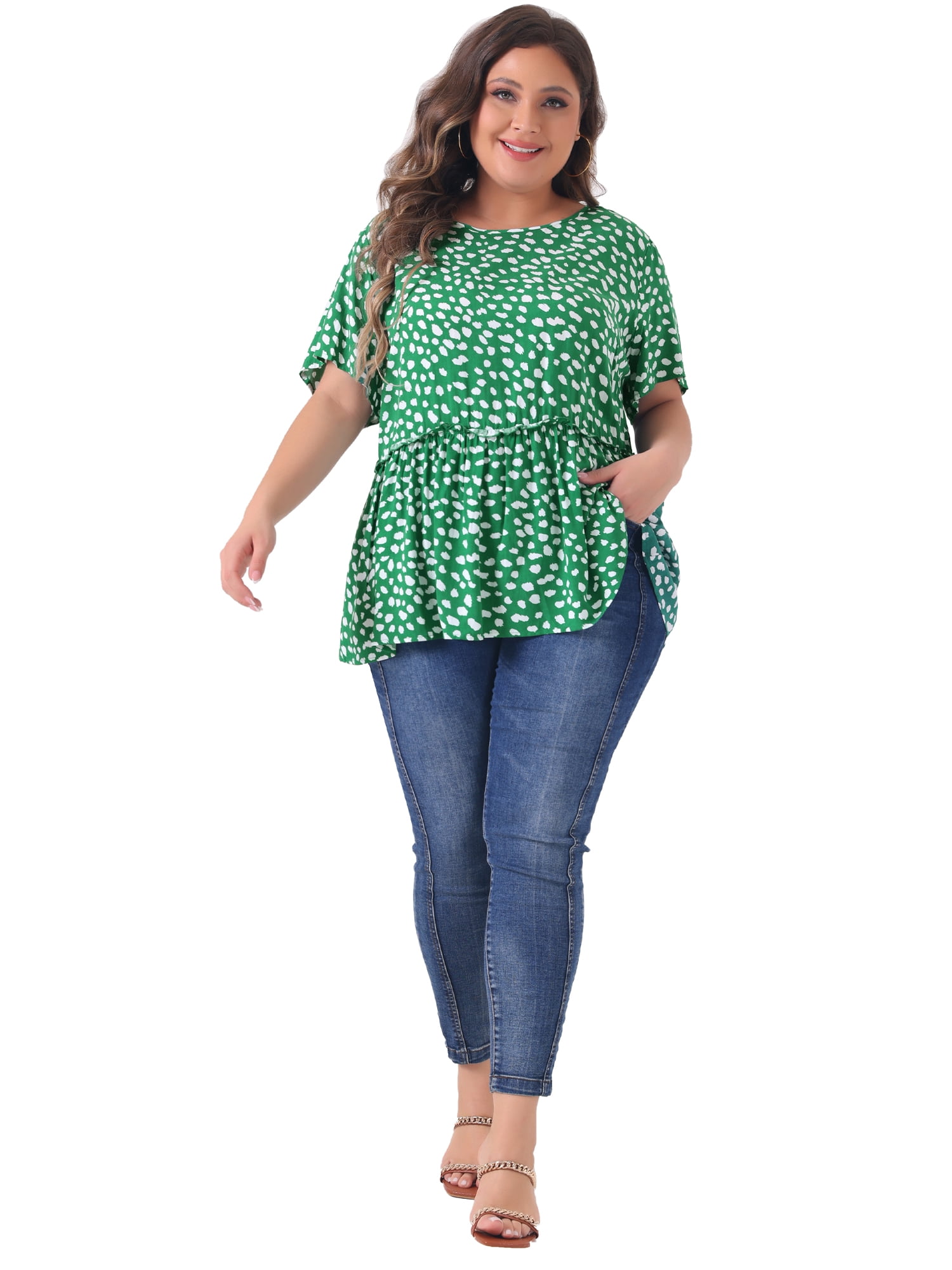 DARING DIVA Women's Plus Polka Dots Crew Neck Peplum Blouse 4X Dark Green